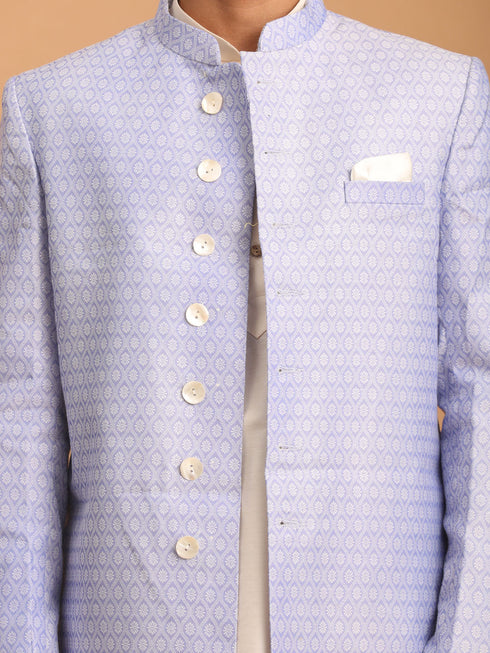 Vastramay Men's Lavender Sherwani With Cream Kurta And Pant Set